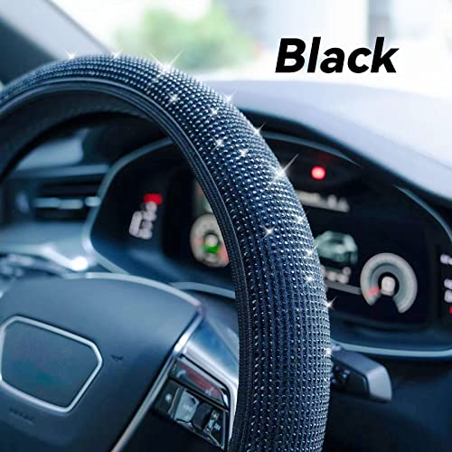 Bling Steering Wheel Cover, Rhinestone Steering Wheel Cover with Crystal Diamond for Women, Sparkling Car Wheel Protector Universal Fit 14-15 inches - Black - color: black