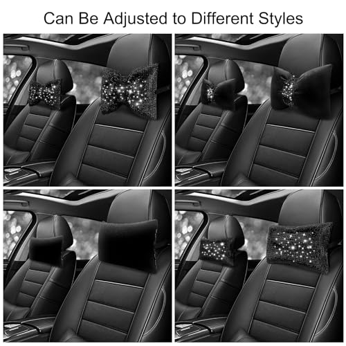 surpassme 2PCS Rhinestone Car Headrest Neck Pillow for Driving with Bling Bling Crystal Bow Pillow Car Accessories for Women (Black) - color: 2 Black Pillows