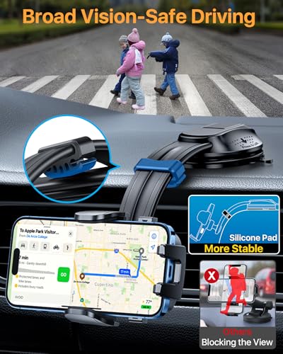 HTU Upgraded Strongest Suction Car Phone Holder Bendable Arm, Never Block View Rotatable Cellphone Mount for Dashboard Windshield Vent, Cradle Stand for iPhone 17 16 15 14 13 12 Pro Max (Black) - color: Black