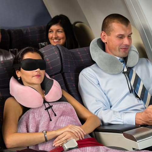 urnexttour Travel Pillow and Blanket Set Neck Pillows Soft Blankets with Sleep Mask Travel Essentials for Airplane Car Memory Foam Pink - color: B-pink