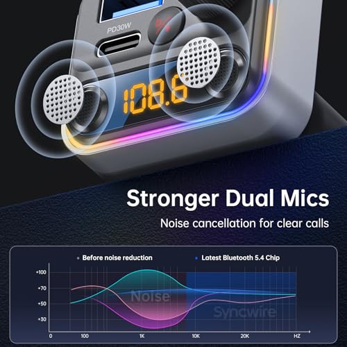 Syncwire Bluetooth 5.4 FM Transmitter Car Adapter 42W [Light Switch] [Stronger Dual-mic] [HiFi Bass Sound] [Fast Charging] Wireless FM Radio Music Adapter Hands-Free Calling Support USB Drive, Silver - color: Silver
