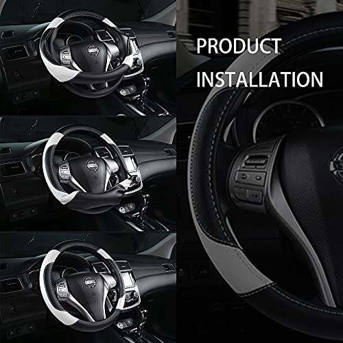 Leather Car Steering Wheel Cover, Non-Slip Car Wheel Cover Protector Breathable Microfiber Leather Universal Fit for Most Cars(White) - color: White