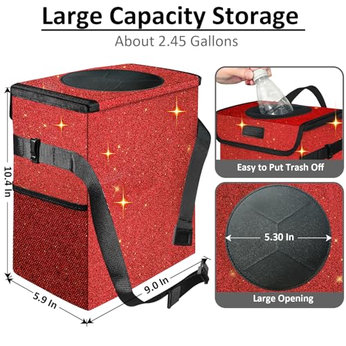 Car Trash Can, Cute Mini Trash Bag With Lid, Glitter Garbage Bin Hanging for Back/Front Seat/Console, Waterproof, Leakproof, 2.5 Gallon, Red Bling Sparkly - color: Red Bling Sparkly