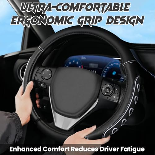 Ventilated Heart-Shaped Steering Wheel Cover with Anti-Slip Leather Grip. Compatible with Ford, Toyota, Honda, Nissan, and Chevrolet Vehicles for 14.5-15.2 inch Round Steering Wheels. - color: Love White