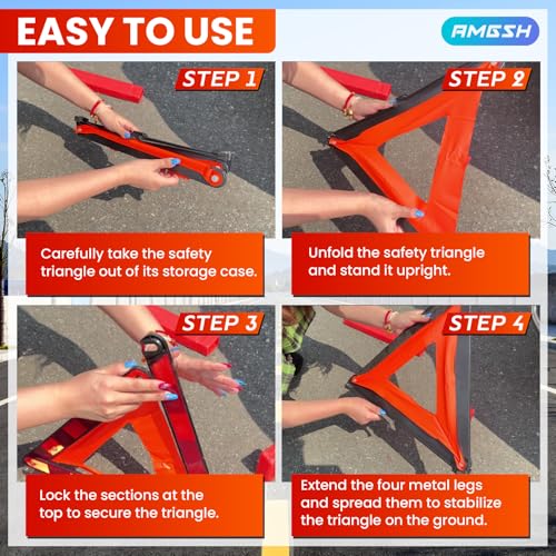 2 Pack Emergency Triangle + 2 Pack Reflective Vest, Foldable Reflective Emergency Triangles Roadside with Reflective Warning Vest, Base Roadside Triangle Kit, Roadside Emergency Car Kit