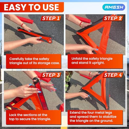 2 Pack Emergency Triangle + 2 Pack Reflective Vest, Foldable Reflective Emergency Triangles Roadside with Reflective Warning Vest, Base Roadside Triangle Kit, Roadside Emergency Car Kit