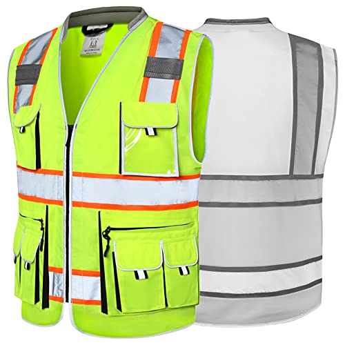JKSafety 10 Pockets Class 2 Hi-Vis Zipper Front Yellow Safety Vest | Cushioned Collar | High Reflective Tapes with Extended Neon Orange Strips | Meets ANSI/ISEA Standards (Medium, 89-Yellow) - color: Yellowt2s1, size: Medium