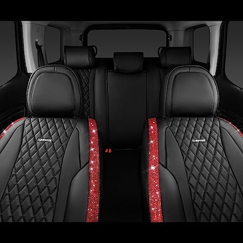 CAR PASS Nappa Leather Bling Diamond Black Red Seat Covers Full Set, Waterproof Calfskin Heavy-Duty Anti-Slip, Universal Fit for 95% Auto SUV Sedan Truck, Glitter Sparkle Shining (Red Rhinestone) - color: Black and Red Diamond, size: Full Set