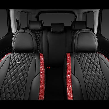 CAR PASS Nappa Leather Bling Diamond Black Red Seat Covers Full Set, Waterproof Calfskin Heavy-Duty Anti-Slip, Universal Fit for 95% Auto SUV Sedan Truck, Glitter Sparkle Shining (Red Rhinestone) - color: Black and Red Diamond, size: Full Set