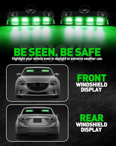 HLauto 2002L Emergency Dash Strobe Lights: Green Safety Lights, Flashing Warning Hazard Windshield Visor Traffic Light Bars for Trucks, Construction Vehicles (2x8.5 inch, 48LED) - color: Green