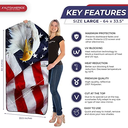 Autoamerics 1-Piece Windshield Sun Shade American Eagle Flag - 3 USA Patriotic Design - Foldable Car Front Window Sunshade for Sedans SUV Truck - Blocks Max UV Rays and Keeps Your Vehicle Cool - Large - color: USA EAGLE FLAG-3, size: LARGE = 64 x 33.5 inc