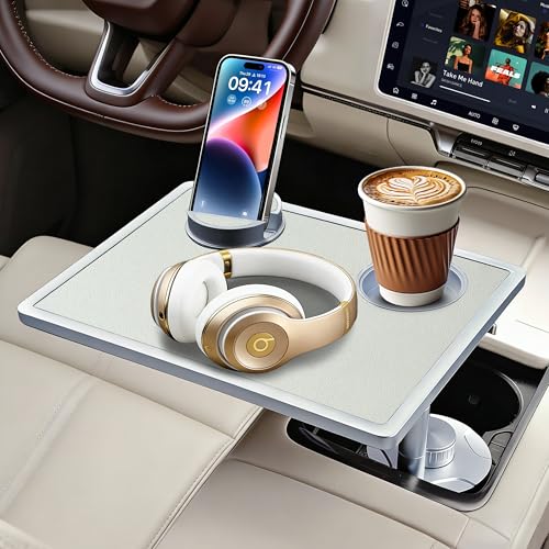 Car Food Tray & Car Table Tray with Car-Grade Aluminum Cup Holder & Phone Stand,360° Rotating Car Desk for Laptop & Eating, Compatible with Tesla Model Y/3/S, Best Fit Round Cup Holder (2.28" - 3.66") - color: 𝗦𝗾𝘂𝗮𝗿𝗲 · White