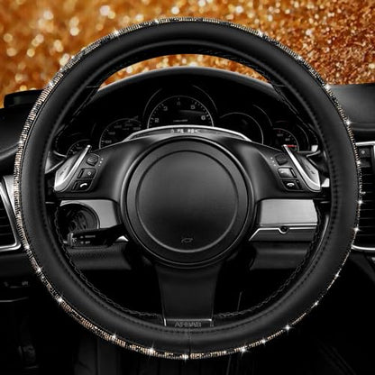 CAR PASS Bling Diamond Steering Wheel Cover Leopard Pattern, Sparkly Crystal Glitter Rhinestones Black Leather Wheel Protect for Women Girl Fit Suvs,Vans,Sedans,Cars,Trucks, 14" 1/2-15" Gold Leopard - color: Leopard Diamond