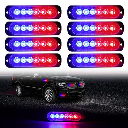 DIBMS LED Emergency Strobe Lights, 8X Red Blue 6 LED Strobe Warning Emergency Flashing Light Caution Construction Hazard Light Bar for Car Truck Van Off Road Vehicle ATV SUV Surface Mount - color: Red Blue