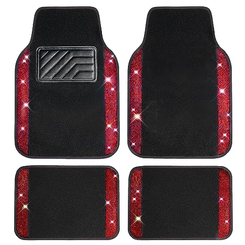 CAR PASS Bling Diamond Car Floor Mats, Shining Rhinestone Carpet Sparkly Glitter Crystal with Anti-Slip PVC Heel Pad Waterproof Universal Fit Automotive SUV,Sedan,Van,Cute Girl Women,4pcs Black Red - color: Red Diamond