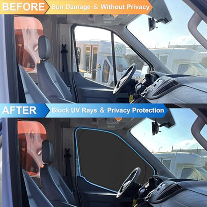 Front Windshield ＆ Side Window Sun Shade for 2015-2024 Fo-rd Transit Van High and Medium Roof, Foldable Window Sunshade Sun Visor Protector, Window Shades Blocks UV Rays Heat, Pack of 3 - size: Silver & Black-fit 2015-2024 Ford Transit
