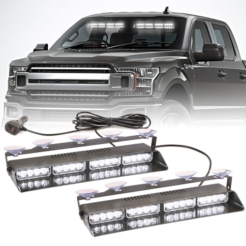 2 in 1 LED Emergency Dash Strobe Light Bar Front/Rear Windshield Safety Flashing Warning Hazard Interior Lights for Police Firefighter Construction Vehicles Trucks (2x14 inch, White/White) - color: #09 White/White