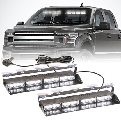 2 in 1 LED Emergency Dash Strobe Light Bar Front/Rear Windshield Safety Flashing Warning Hazard Interior Lights for Police Firefighter Construction Vehicles Trucks (2x14 inch, White/White) - color: #09 White/White