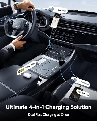 Baseus 163W Retractable Car Charger USB C Fast Charging, PrimeTrip VR2 Max 4 in 1 Fast Car Charger with Dual Retractable USB C Cable for iPhone 17 16 15 Pro Max, Samsung Galaxy S25 Ultra, Android - color: 163W