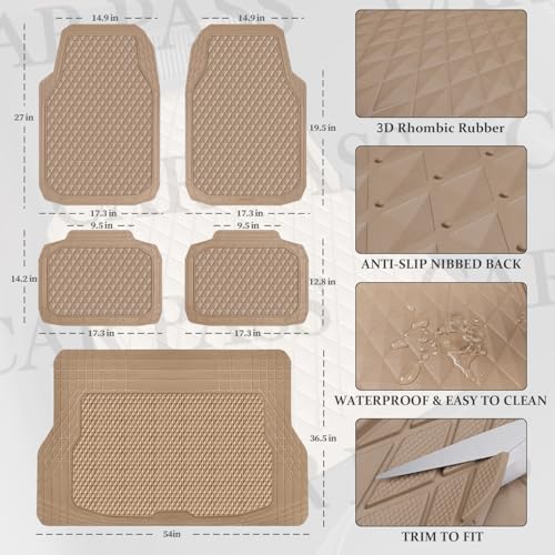 CAR PASS Beige Rubber Car Floor Mats & Cargo Liners, Durable Anti-Slip 3D Rhombus Waterproof Automotive Pad Trim Fit Liner All-Weather Trunk Mats Full Set Universal Fit Auto Van Sedan SUV Truck Beige - color: Beige With Cargo Liners