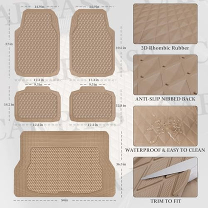 CAR PASS Beige Rubber Car Floor Mats & Cargo Liners, Durable Anti-Slip 3D Rhombus Waterproof Automotive Pad Trim Fit Liner All-Weather Trunk Mats Full Set Universal Fit Auto Van Sedan SUV Truck Beige - color: Beige With Cargo Liners