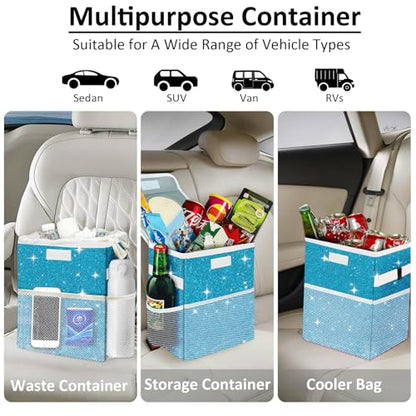 Car Trash Can for Car, Cute Mini Car Trash Bag with Lid, Glitter Car Garbage Can Bin Hanging for Back/Front Seat/Console, Waterproof, Leakproof, 2.5 Gallon, Blue Bling Sparkly - color: Blue Bling Sparkly