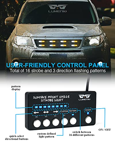 LUMENIX Amber LED Surface Mount Strobe Flashing Lights Kit w/Control Box, 8PCS Grille Side Marker Emergency Warning Caution Light Assemblies for Vehicles Trucks SUV Cars Vans (Ultra Slim Sync Feature) - color: Amber