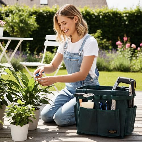 Collapsible Waxed Canvas Tool Pouch with 23 Hanging Holes - Reusable Grocery Bags with Handles for Garden/Camping/Tools/Car Trunk Storage, 14" x 13" x 10" | Dark Green - color: DarkGreen
