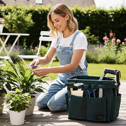 Collapsible Waxed Canvas Tool Pouch with 23 Hanging Holes - Reusable Grocery Bags with Handles for Garden/Camping/Tools/Car Trunk Storage, 14" x 13" x 10" | Dark Green - color: DarkGreen