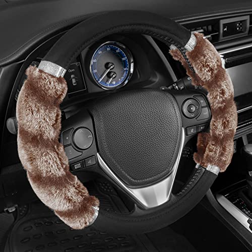 BDK Bear Fur Steering Wheel Cover, Plush Faux Fur Fuzzy Steering Cover for Car Truck Van SUV, Standard Size Fits Wheels 14.5-15 in Diameter, Two Tone Black/Brown with Glitter - color: #39 Brown with Glitter, size: Fits 14.5 - 15" Sw