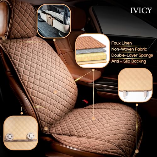 IVICY Faux Linen Front Car Seat Cover – Durable, Non-Slip Seat Protector for Cars – 1 Unit, Light Brown - color: BROWN HYB LN