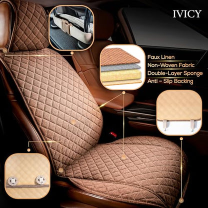 IVICY Faux Linen Front Car Seat Cover – Durable, Non-Slip Seat Protector for Cars – 1 Unit, Light Brown - color: BROWN HYB LN