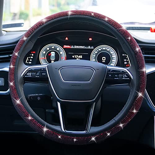 Bling Steering Wheel Cover, Rhinestone Steering Wheel Cover with Crystal Diamond for Women, Sparkling Car Wheel Protector Universal Fit 14-15 inches - Red - color: red