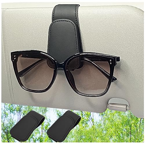 CHOSMOYI 2 Packs Sunglasses Holder for Car, Sunglass Clip for Car Visor, Magnetic Leather Car Eyeglass Holder and Ticket Card Clip, Suitable for Different Size Eyeglasses(Black - color: Black 2 Pack
