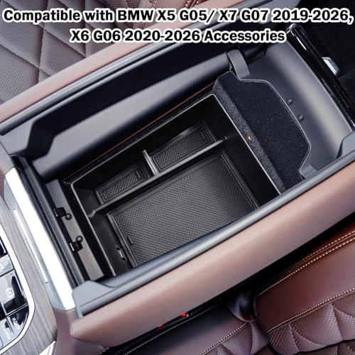 Center Console Organizer Tray Compatible with BMW X5 G05/ X6 G06/ X7 G07 Accessories, X5 G05/ X7 G07 2019-2024 2025 2026, X6 G06 2020-2024 2025 2026 Secondary Storage Armrest Glove Box, Black