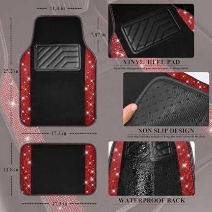 CAR PASS Bling Diamond Car Floor Mats, Shining Rhinestone Carpet Sparkly Glitter Crystal with Anti-Slip PVC Heel Pad Waterproof Universal Fit Automotive SUV,Sedan,Van,Cute Girl Women,4pcs Black Red - color: Red Diamond