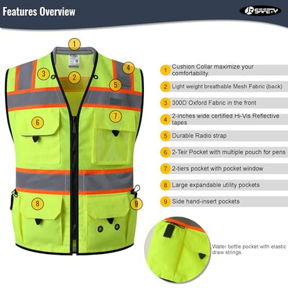 JKSafety Hi-Vis Unisex Surveyor Safety Vest Heavy Duty PPE Inner Pockets ANSI/ISEA Compliant - color: 188-yellow, size: Medium