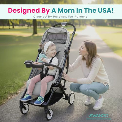 Swanoo Universal Stroller Snack Tray | Compatible With Nuna Mockingbird Bugaboo Uppababy | Stroller Bumper Bar Tray Attachment with Cup Holder | Baby Toddler Disneyland Essentials Stroller Accessories - color: Dark Grey