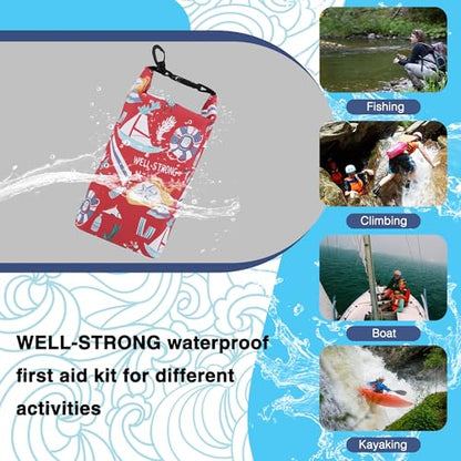 Boat First Aid Kit Waterproof, WELL-STRONG Marine Emergency Kit with Roll Top Dry Bag for Boating Fishing Kayaking – Water-Resistant Contents for Camping & Beach（Red Sea） - color: Ws011-redsea