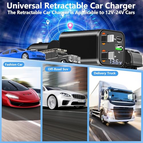 Retractable Car Charger, 120W 4-in-1 USB-C & Lightning Fast Charge Car Phone Charger, Dual Retractable Cable for iPhone 17/16/15/14/13/12 Samsung Travel Essentials Gifts for Women Men - color: Lightning & USB-C Cable