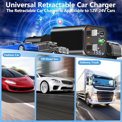 Retractable Car Charger, 120W 4-in-1 USB-C & Lightning Fast Charge Car Phone Charger, Dual Retractable Cable for iPhone 17/16/15/14/13/12 Samsung Travel Essentials Gifts for Women Men - color: Lightning & USB-C Cable