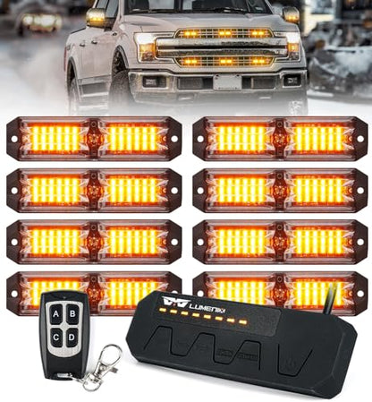 LUMENIX Grille Strobe Lights Kits for Trucks w/Controller, 8PCs High-Intensity LED Deck | Surface Mount Emergency Construction Vehicles Snowplow Side Marker Flashing Warning Light Assemblies - Amber - color: Amber