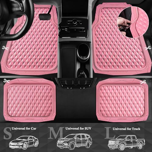 CAR PASS Heavy Duty Rubber Pink Car Floor Mats & Cargo Liners, Deep Dish All-Weather Trunk Mats Durable Anti-Slip 3D Rhombus Waterproof Trim to Fit Liner Universal Fit Auto,Sedan,SUV,Truck, Pink - color: pink with cargo liner