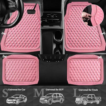 CAR PASS Heavy Duty Rubber Pink Car Floor Mats & Cargo Liners, Deep Dish All-Weather Trunk Mats Durable Anti-Slip 3D Rhombus Waterproof Trim to Fit Liner Universal Fit Auto,Sedan,SUV,Truck, Pink - color: pink with cargo liner