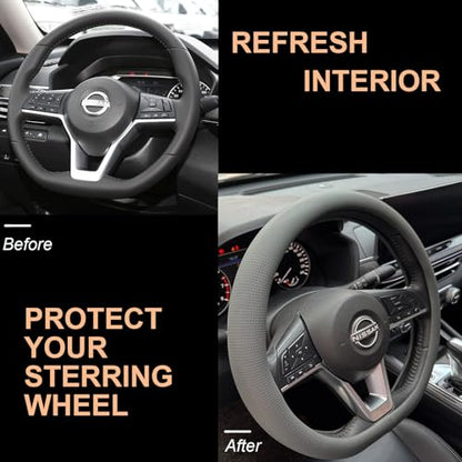 PINCTROT D Shaped Nappa Leather Steering Wheel Cover, Slim Fit No Bulk Design, One Piece Leather with Breathable Perforation, Fit Like Gloves, Flat Bottom 14.5-15 Inch(Nappa Dark Gray) - color: 05.Dark Gray, size: D Shaped/Flat Bottom[14 1/2''-15'']