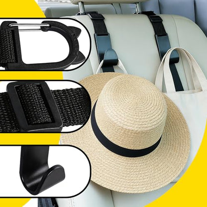 Adjustable 4-Pack Car Headrest Hooks Cute Cat Pattern Universal Seat Back Organizer with Clip for Purses Bags Groceries Black