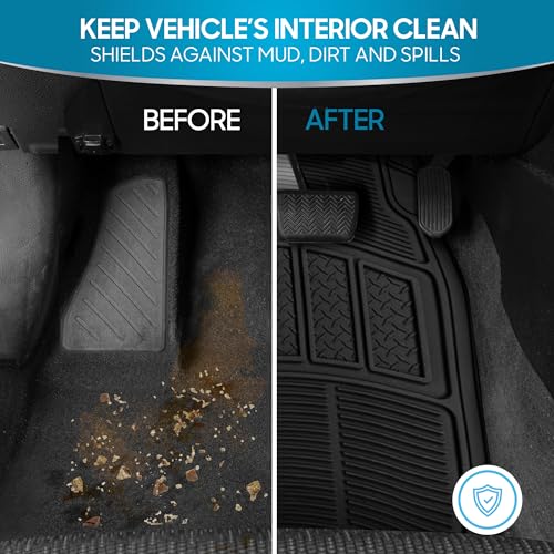 BDK 3-Piece ProLiner Heavy Duty Front & Rear Rubber Floor Mats, Universal Fit Liners for Cars SUVs Trucks Vans, All Weather Protection with Anti-Slip Nibs, Flexible Contours Fits Most Vehicles - Black