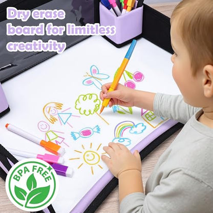 Kids Travel Tray for Toddler Carseat, Road Trip Activities Essentials for Toddler, Kids Lap Desk Tray with Tablet Holder Stand ＆ Dry Erase Board (Purple) - color: Purple