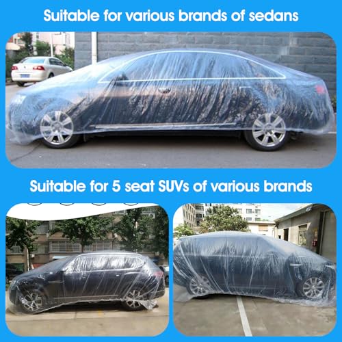 4 Pack Disposable Car Covers, Clear Plastic Car Cover Universal Vehicle Cover Rain Dust Garage Cover Car Protective Cover with Elastic Band Medium for Sedan Outdoor Snow Rain Weather(12 ft x 22 ft)