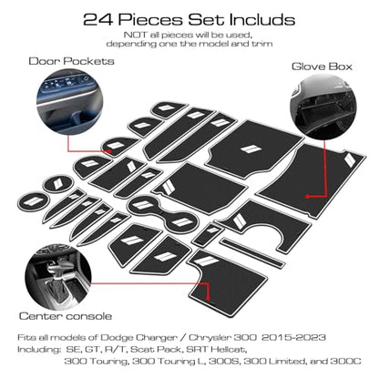 Fits Dodge Charger Accessories 2015-2023, Cup Holder Insert Center Console Shifter Liner Trim Interior Door Pocket Mats Pad (24pcs Set, White Trim) - color: White